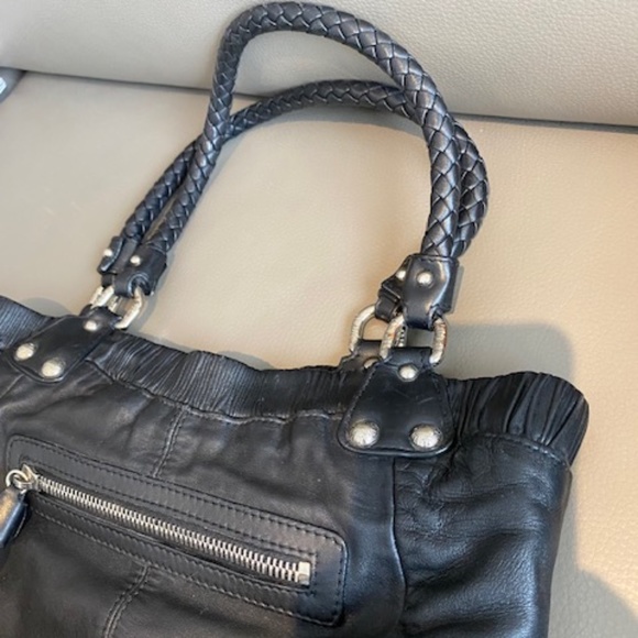 Stuart Weitzman black genuine leather shoulder bag satchel braided straps - Picture 3 of 16